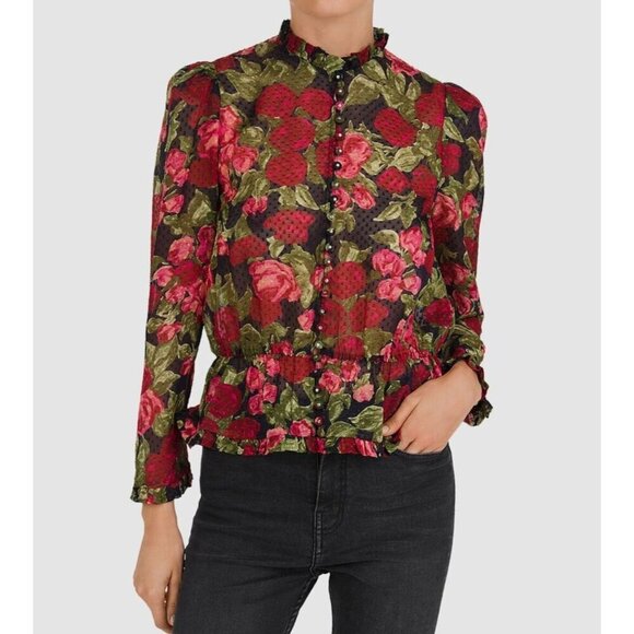 NWT The Kooples Red & Black Floral Silk-Blend Peplum Blouse Size 8 - Picture 9 of 9